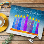 Puzzle Hanukkah Blue Candles Turquoise Peace Love Light<br><div class="desc">"Paz, amor y luz". Un ilustracion juguetón, moderno y artístico de velas de patrón boho en una menorah te ayuda a iniciar las vacaciones de Hanukkah. Las velas azules variadas con motivos de Relieve metalizado falsos coloridos superponen un gradiente turquesa al fondo texturado blanco. Sienta el calor y la alegría...</div>