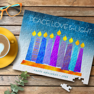 Puzzle Hanukkah Blue Candles Turquoise Peace Love Light