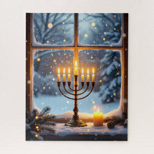 Puzzle Hanukkah Menorah resplandeciente en una nevada ven