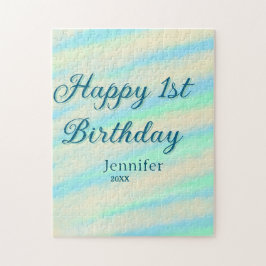 Puzzle Happy 1st birthday kids baby blue green pastel ret