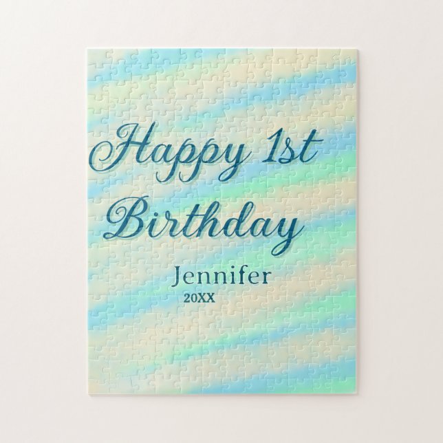 Puzzle Happy 1st birthday kids baby blue green pastel ret (Vertical)