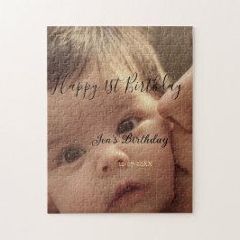Puzzle Happy 1st birthday name photo date stylish calligr
