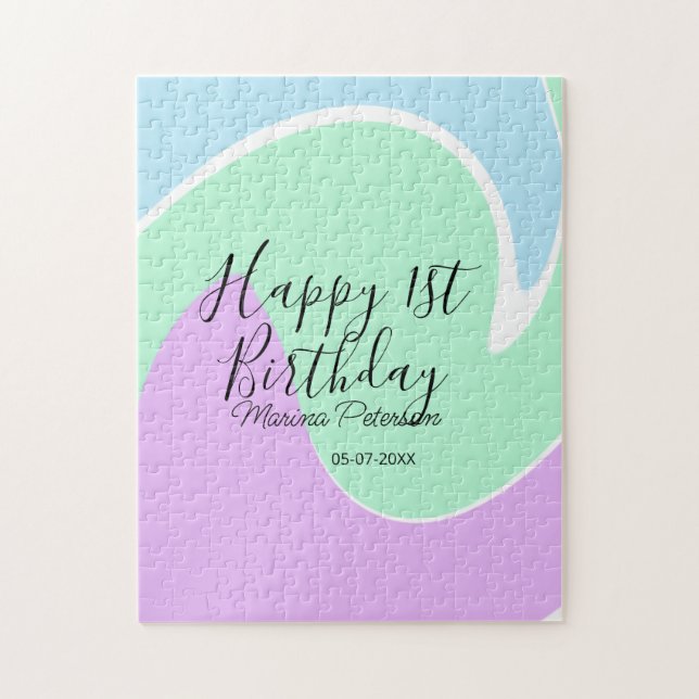 Puzzle Happy 1st birthday pink green blue acrylic pour  (Vertical)