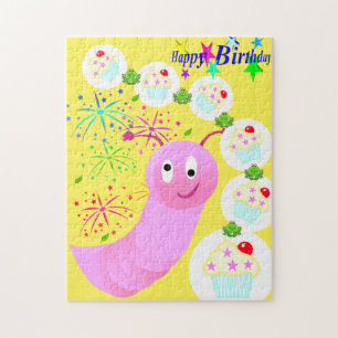 Puzzle Happy Birthday Pink Worm Cupcake