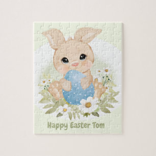 Puzzle Happy Easter Cute Bunny Blue Egg Nombre Personaliz