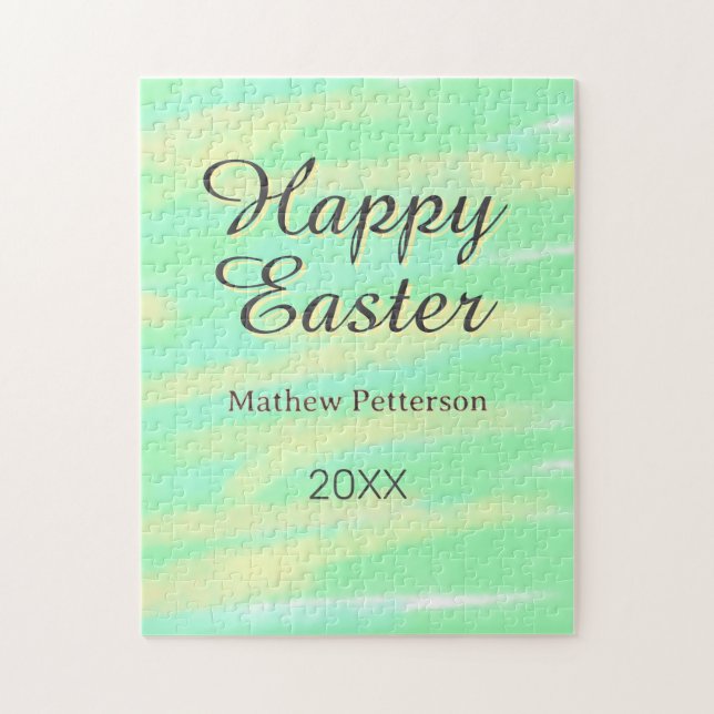 Puzzle Happy Easter green yellow pastel gray name year  (Vertical)