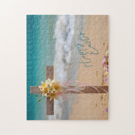 Puzzle Happy Easter Wooden Cross with Lilies on Beach