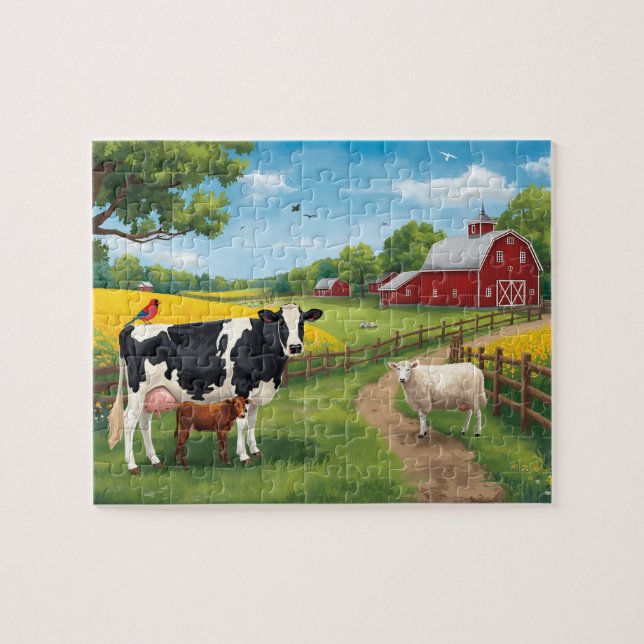 Puzzle Happy Farm Animals Red Barn Rural Scene (Horizontal)