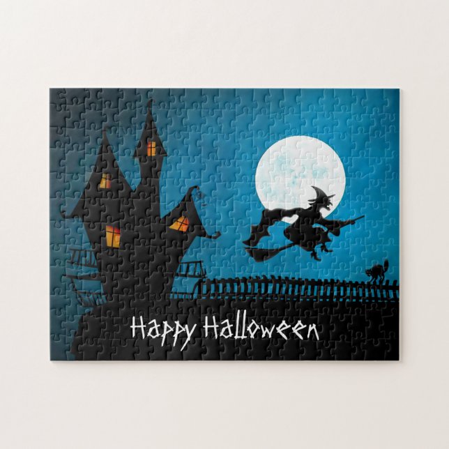 Puzzle Happy Halloween Haunted House Witch Broomstick Cat (Horizontal)