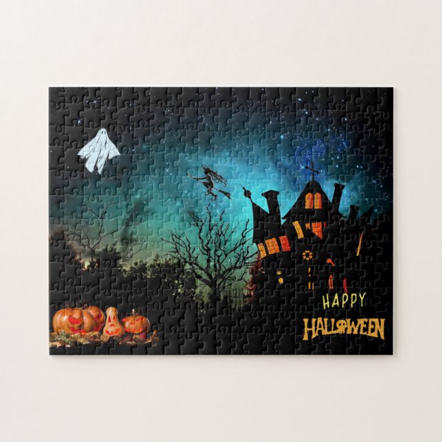 Puzzle Happy Halloween Scary Witch, Ghost and Pumpkins   (Horizontal)