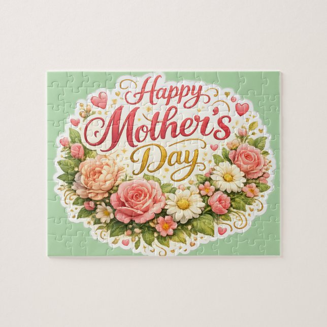 Puzzle Happy Mother's Day floral wreath, Sage green jigsa (Horizontal)