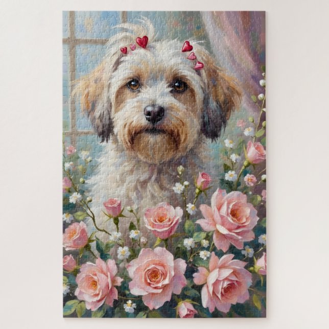 Puzzle Havanese Peeking from Valentine's Rose Bouquet (Vertical)