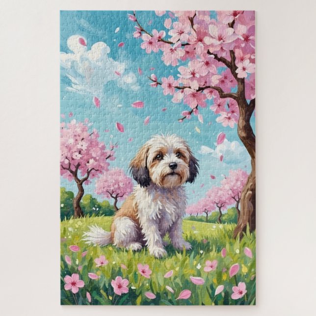 Puzzle Havanese Spring Cherry Blossom Dog (Vertical)