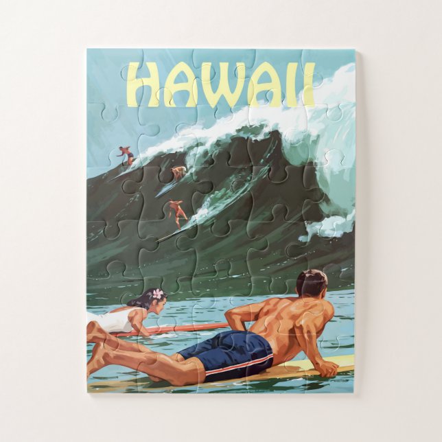 Puzzle Hawái, surfistas esperando una gran ola, (Vertical)