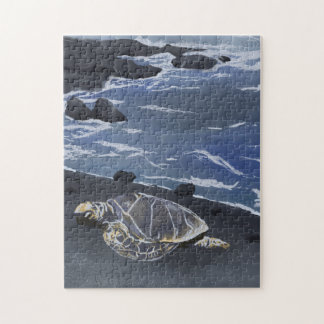 Puzzle Hawaii Sea Turtle on Black Sand Beach T-Shirt