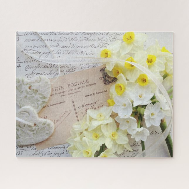 Puzzle Hearts, spring flowers on old postcard (Horizontal)