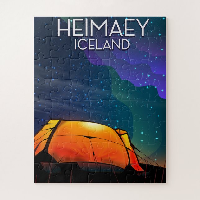 Puzzle Heimaey, tierra, poster de vacaciones de camping. (Vertical)
