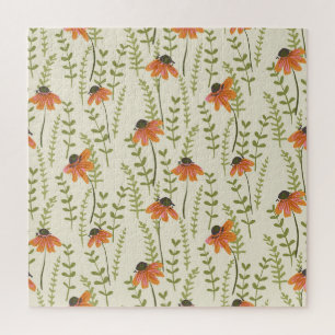 Puzzle helechos verdes, flores naranjas, naturaleza.