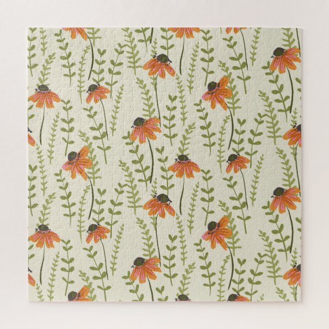 Puzzle helechos verdes, flores naranjas, naturaleza. (Vertical)
