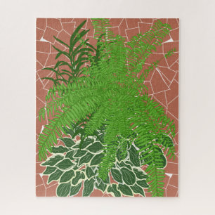 Puzzle Helechos verdes y hostas sobre mosaico de terracot
