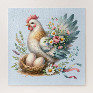 Puzzle Hen floral con huevos y encanto de granja vintage
