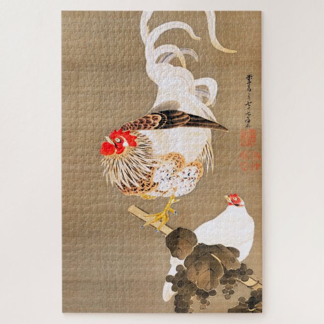 Puzzle Hen y Rooster con Grapevine de Ito Jakuchu (Vertical)