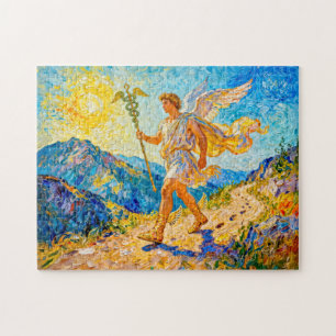 Puzzle Hermes con bastón y sandalias aladas caminando por