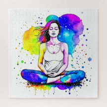 Hermosa acuarela mujer meditando abstracto