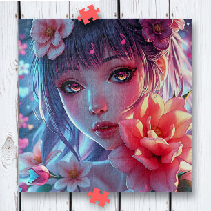 Puzzle Hermosa Anime Chica Glitchcore Floral