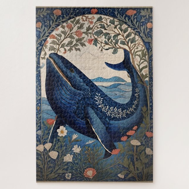 Puzzle Hermosa ballena azul William Morris inspirada (Vertical)