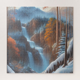 Puzzle Hermosa cascada en un bosque de nieve