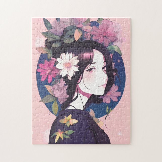 Puzzle Hermosa Chica anime coronada con flores (Vertical)