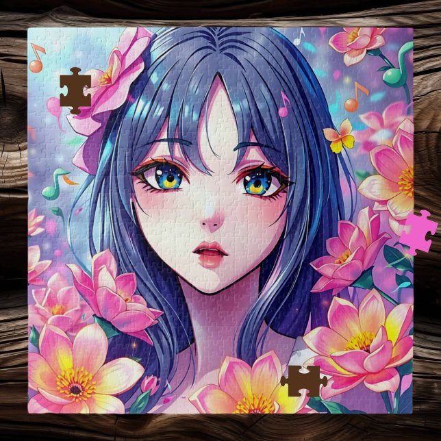 Puzzle Hermosa Chica Anime y flores (Subido por el creador)