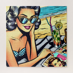 Puzzle Hermosa dama retro en la playa con cóctel