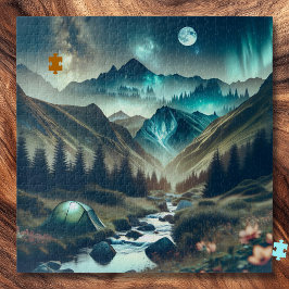 Puzzle Hermosa escena de camping con montañas y carpas
