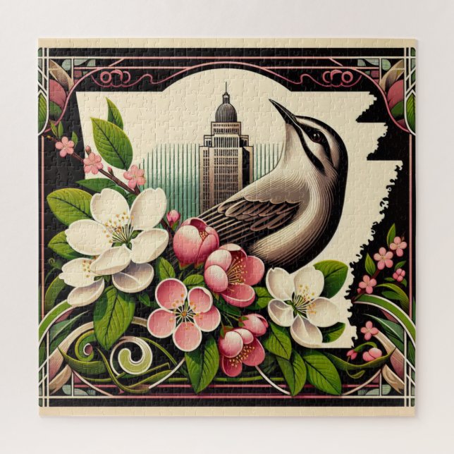 Puzzle Hermosa flor y pájaro del estado de Arkansas (Vertical)