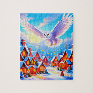 Puzzle Hermosa lechuza volando sobre aldea de Navidades