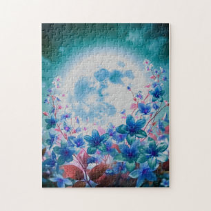Puzzle Hermosa luna azul con flores