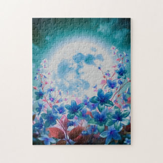 Puzzle Hermosa luna azul con flores