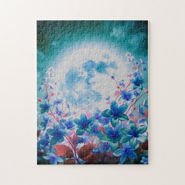 Puzzle Hermosa luna azul con flores (Vertical)