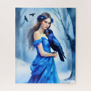 Puzzle Hermosa mujer con barranco en un bosque de nieve
