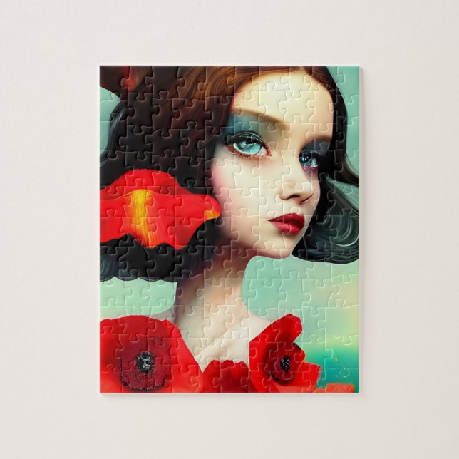 Puzzle Hermosa Mujer Con Flores De Adormidera Rompecabeza (Vertical)