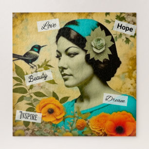 Puzzle Hermosa mujer de época con pájaro y flores