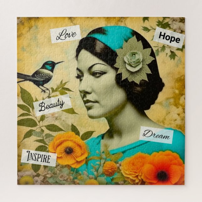 Puzzle Hermosa mujer de época con pájaro y flores (Vertical)