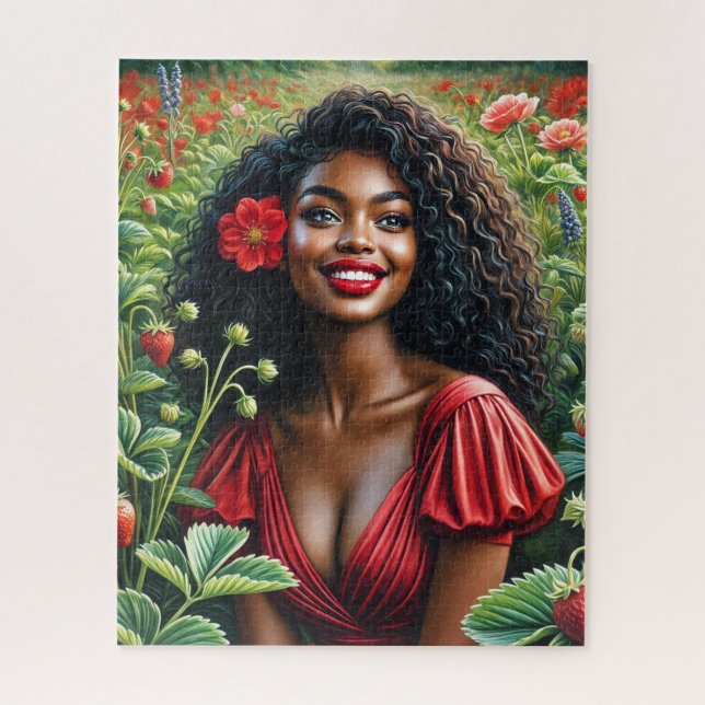 Puzzle Hermosa Mujer Negra En Arte De Fresas Rojas (Vertical)