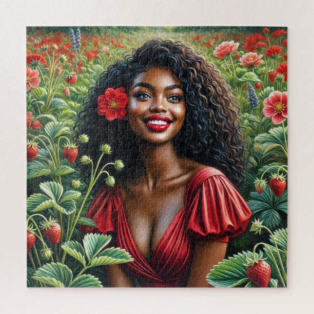 Puzzle Hermosa Mujer Negra En Arte De Fresas Rojas (Vertical)