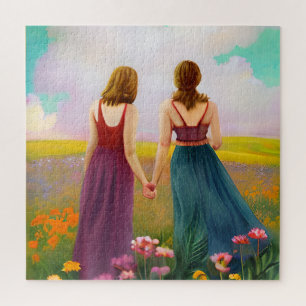 Puzzle Hermosa pareja de lesbianas en campo de flores