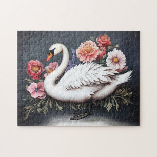 Puzzle Hermosa pintura de flores de época de cisne