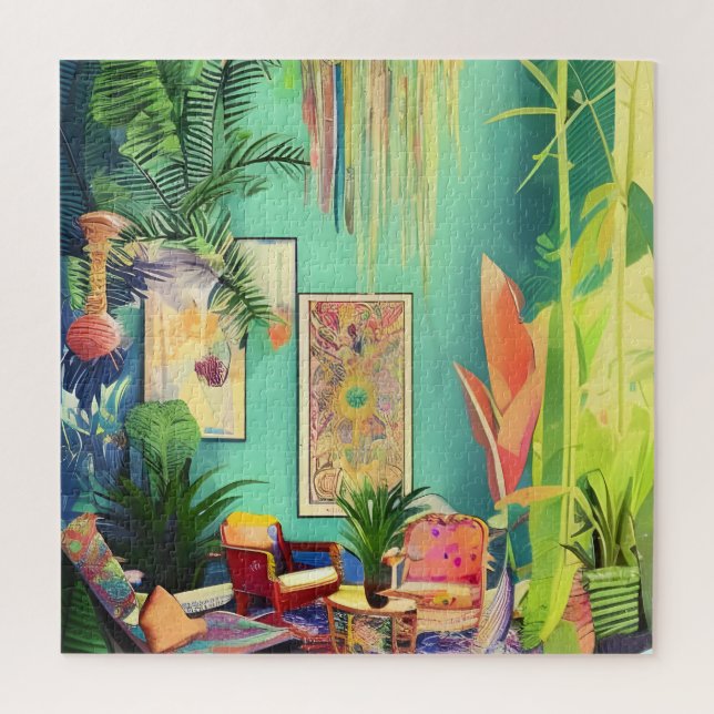 Puzzle Hermosa sala de estar de Boho Tropical Plants (Vertical)