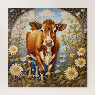 Puzzle Hermosa vaca Jersey en el campo de la margarita